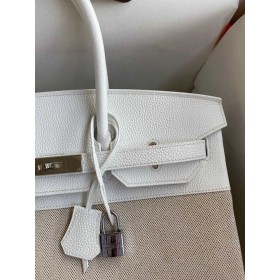 Hermes Birkin 35 Handmade Bag In Toile &amp; White Clemence Leather