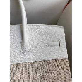 Hermes Birkin 35 Handmade Bag In Toile &amp; White Clemence Leather