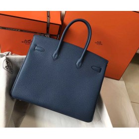 Hermes Birkin 35cm Bag In Blue Agate Clemence Leather GHW
