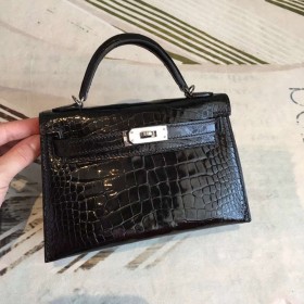 Hermes Kelly Mini II Handmade Bag In Black Alligator Crocodile