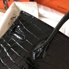 Hermes Birkin 30 Bag In Black Crocodile Porosus Shiny Skin