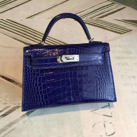 Hermes Kelly Mini II Handmade Bag In Blue Alligator Crocodile