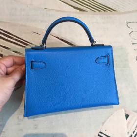 Hermes Kelly Mini II Handmade Bag In Blue Chevre Leather