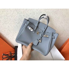 Hermes Birkin 25 Handmade Bag In Blue Lin Clemence Leather