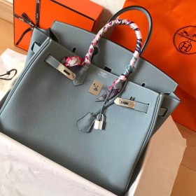 Hermes Birkin 35 Handmade Bag In Blue Lin Clemence Leather