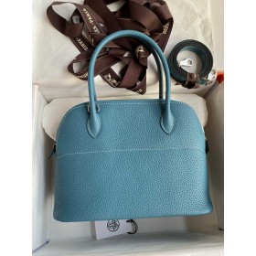Hermes Bolide 1923 27 Handmade Bag in Blue Jean Clemence Calfskin