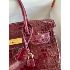 Hermes Birkin 30 Handmade Bag In Bordeaux Crocodile Niloticus Shiny