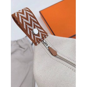 Hermes Bride-a-Brac Large Case in Ecru Canvas with Brown Zigzag Motifs