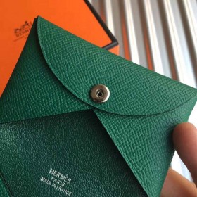Hermes Calvi Card Holder In Green Epsom Leather
