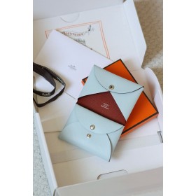 Hermes Calvi Duo Verso Card Holder in Blue Brume Mysore Goatskin