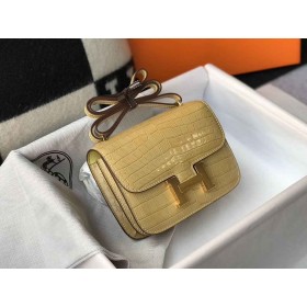 Hermes Constance 18 Handmade Bag In Jaune Poussin Embossed Crocodile