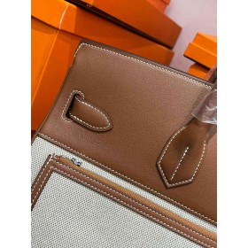 Hermes HAC Cargo Birkin 40 Handmade Bag in Toile with Gold Leather