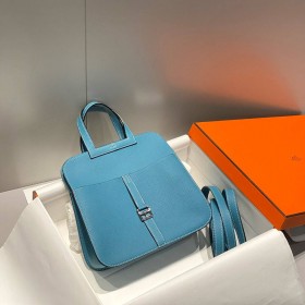 Hermes Halzan 25 Bag in Blue Jean Clemence Leather