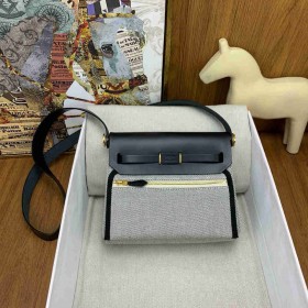 Hermes Herbag Zip 20 Bag in Grey Canvas and Black Hunter Calfskin
