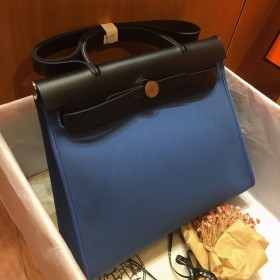Hermes Herbag Zip 31cm Bag In Black And Blue