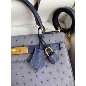 Hermes HSS Kelly 28 Bicolor Bag in Gris Agate and Blue Iris Ostrich Leather
