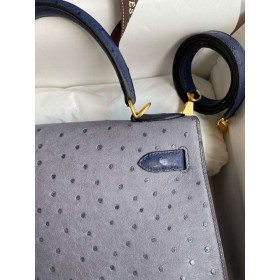 Hermes HSS Kelly 28 Bicolor Bag in Gris Agate and Blue Iris Ostrich Leather