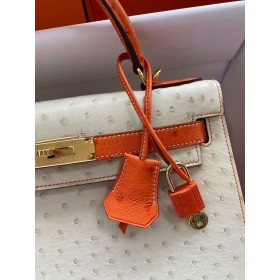 Hermes HSS Kelly 28 Bicolor Bag in Parchemin and Orange Ostrich Leather