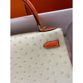 Hermes HSS Kelly 28 Bicolor Bag in Parchemin and Orange Ostrich Leather