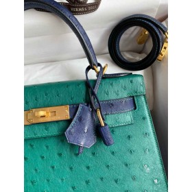 Hermes HSS Kelly 28 Bicolor Bag in Vert Vertigo and Blue Iris Ostrich Leather