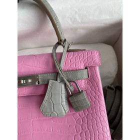 Hermes HSS Kelly 28 Retourne Bag in Pink and Grey Alligator Leather