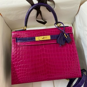 Hermes HSS Kelly 28 Sellier Bag in Scheherazade and Purple Niloticus Crocodile Shiny Skin
