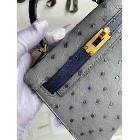 Hermes HSS Kelly Mini II Sellier Handmade Bag in Gris Agate and Blue Iris Ostrich Leather