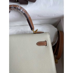 Hermes HSS Kelly Sellier 25 Bicolor Bag in Craie and Gold Epsom Calfskin