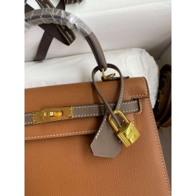 Hermes HSS Kelly Sellier 25 Bicolor Bag in Gold and Taupe Epsom Calfskin