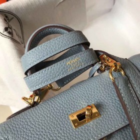 Hermes Kelly 20cm Bag In Blue Lin Clemence Leather GHW