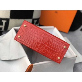 Hermes Kelly 25cm Handmade Bag In Red Embossed Crocodile Leather