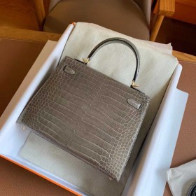 Hermes Kelly 25 Handmade Bag in Tourterelle Porosus Crocodile Shiny Skin