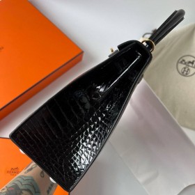 Hermes Kelly 25 Sellier Handmade Bag in Black Shiny Alligator Leather