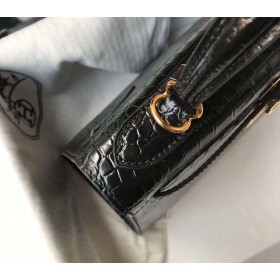 Hermes Kelly 25cm Handmade Bag In Black Embossed Crocodile Leather