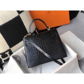 Hermes Kelly 25cm Handmade Bag In Black Embossed Crocodile Leather