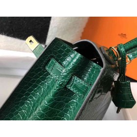 Hermes Kelly 25cm Handmade Bag In Green Embossed Crocodile Leather