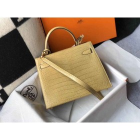 Hermes Kelly 25cm Handmade Bag In Jaune Poussin Embossed Crocodile Leather