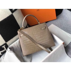 Hermes Kelly 25cm Handmade Bag In Taupe Embossed Crocodile Leather
