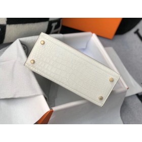 Hermes Kelly 25cm Handmade Bag In White Embossed Crocodile Leather