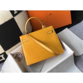 Hermes Kelly 25cm Handmade Bag In Yellow Embossed Crocodile Leather