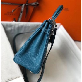 Hermes Kelly 25cm Retourne Bag In Blue Jean Clemence Leather