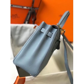 Hermes Kelly 25cm Retourne Bag In Blue Lin Clemence Leather
