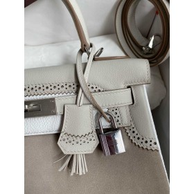 Hermes Kelly 28 Ghillies Grizzly Bag in Pearl Grey Evercolor and Grey Veau Doblis