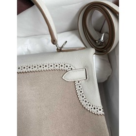 Hermes Kelly 28 Ghillies Grizzly Bag in Pearl Grey Evercolor and Grey Veau Doblis