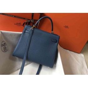 Hermes Kelly 28cm Bag In Blue Agate Clemence Leather GHW