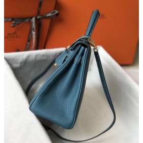 Hermes Kelly 28cm Bag In Blue Jean Clemence Leather GHW