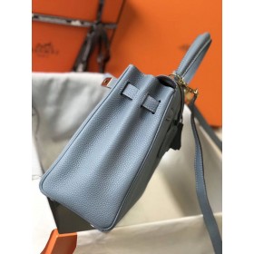 Hermes Kelly 28cm Bag In Blue Lin Clemence Leather GHW