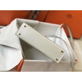 Hermes Kelly Mini II Handmade Bag In Beton Crocodile Embossed Leather