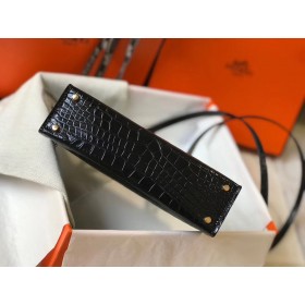 Hermes Kelly Mini II Handmade Bag In Black Crocodile Embossed Leather