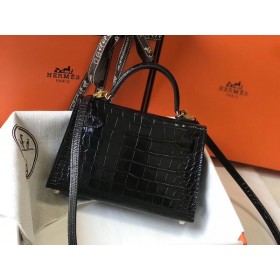 Hermes Kelly Mini II Handmade Bag In Black Crocodile Embossed Leather